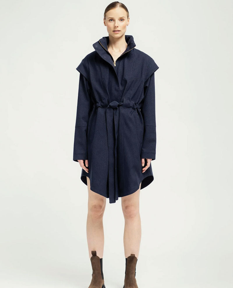 BRGN Monsun Navy Coat on Model | Biscuit Clothing