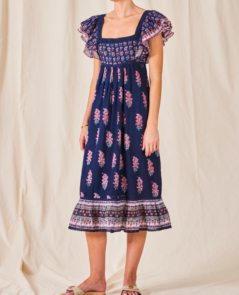 Mabe Flori Print Indigo Midi Dress Biscuit Clothing Ltd