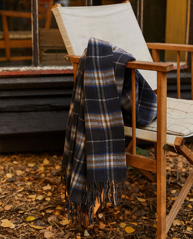 Part Two Kecita Navy Check Scarf Draped on Chair | Biscuit Clothing 